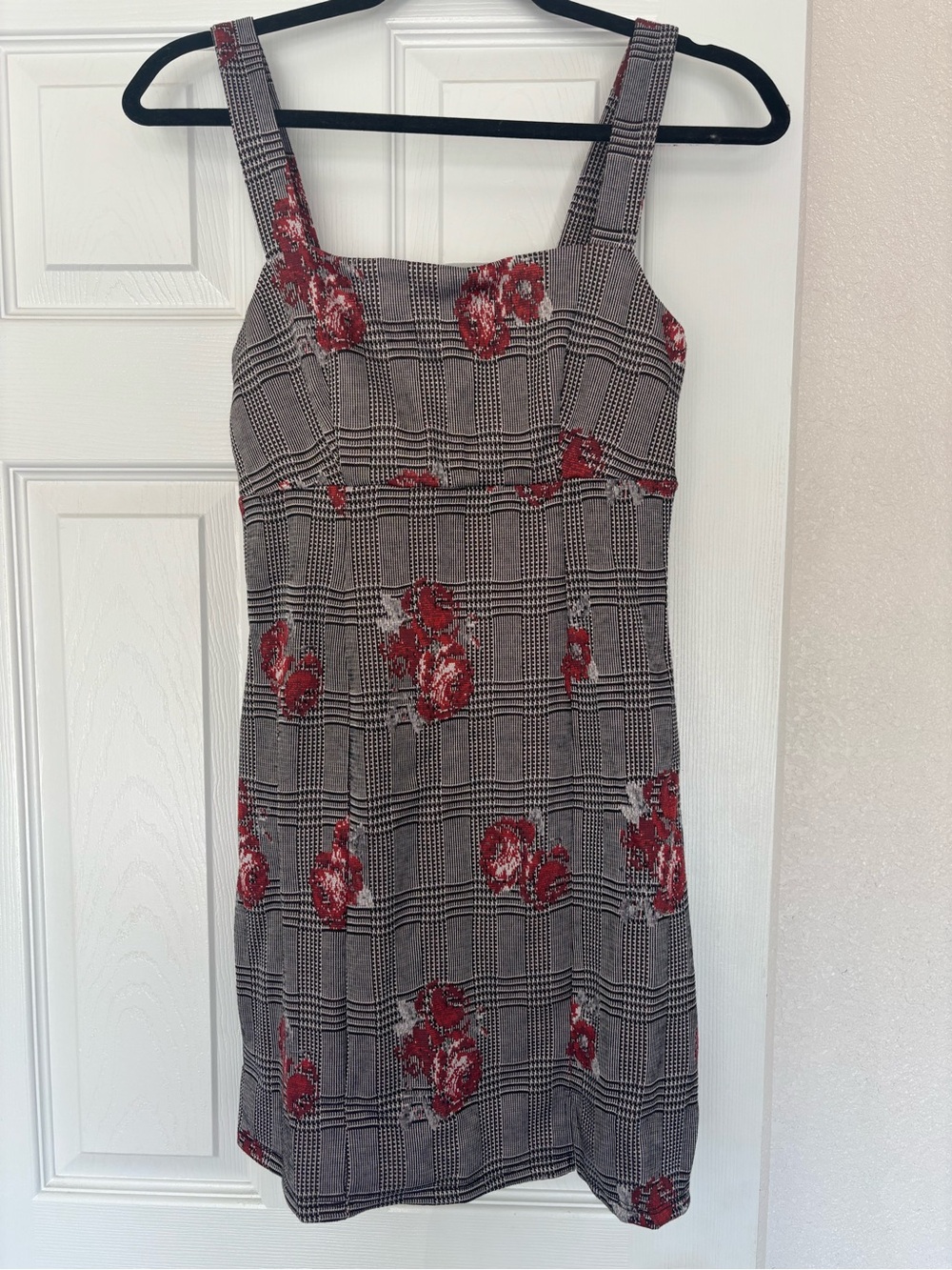 Francesca's Collections Plaid Mini Dress with Red Floral Accents